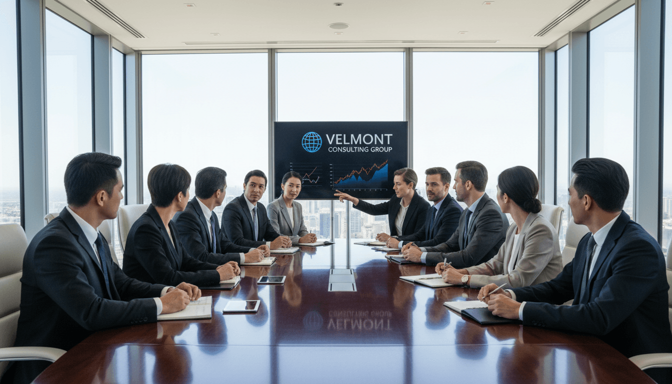 Diverse business professionals collaborating in a bright, modern conference room.