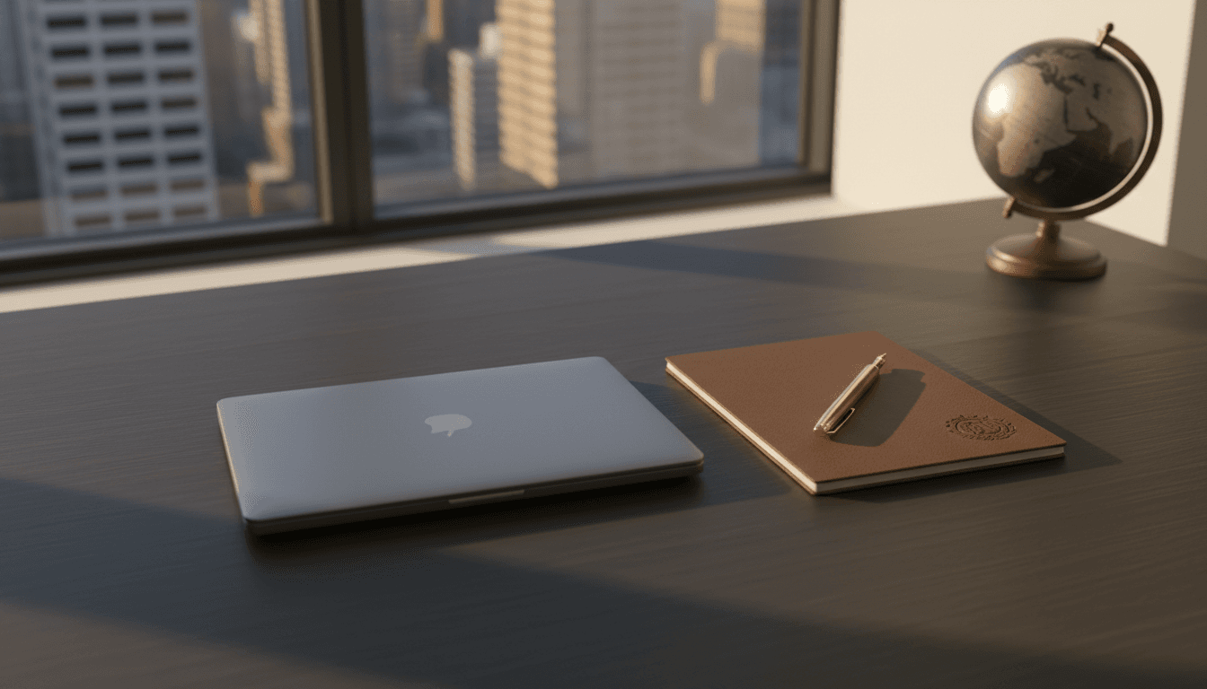 Professional workspace with laptop, notepad, and globe symbolizing international investment consulting